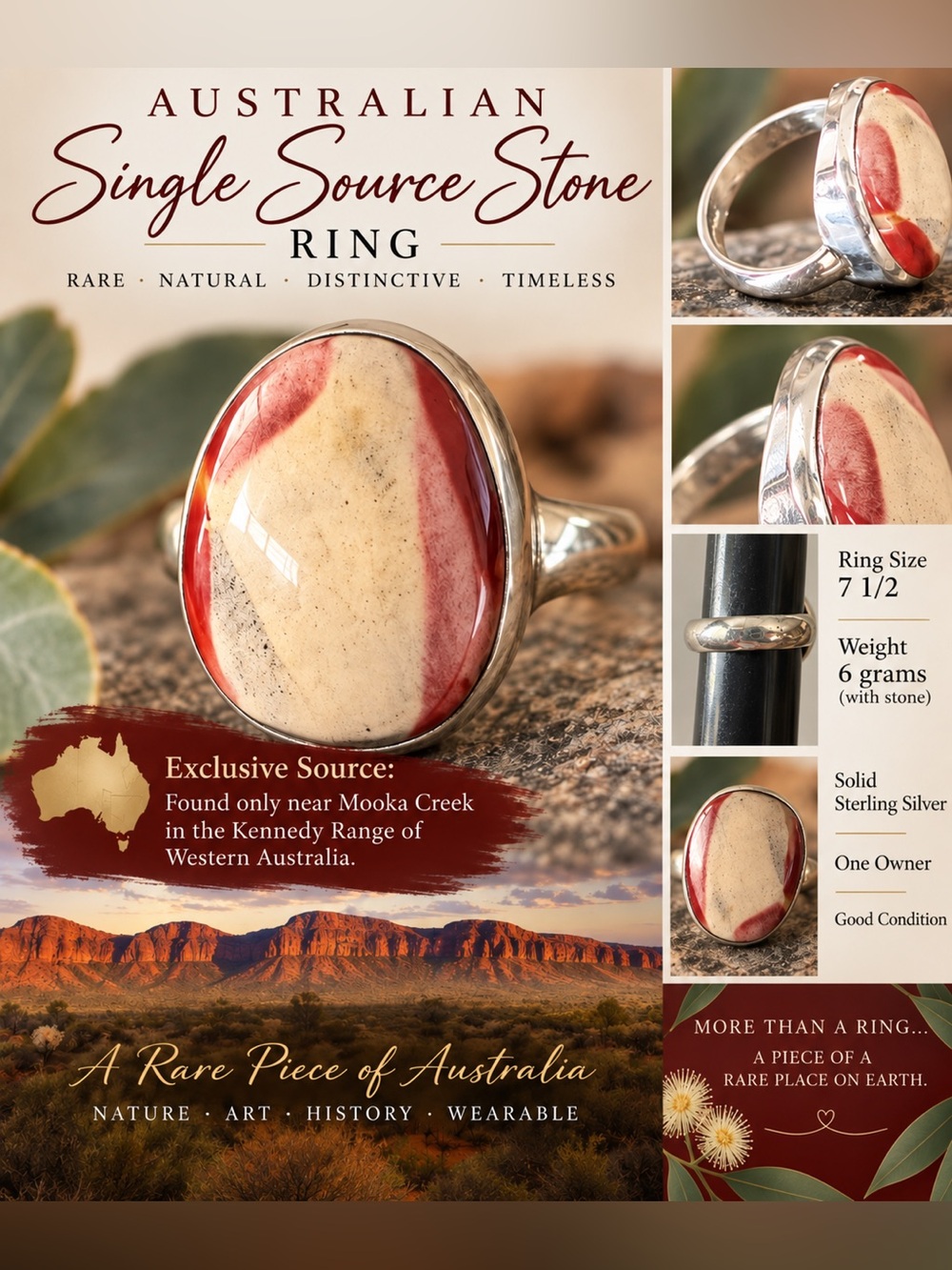 Australian Mookaite Ring Sterling Silver | Single-Source Stone | Size 7.5